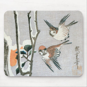 Tapis De Souris Bruants et Camellia en Neige par Ando Hiroshige
