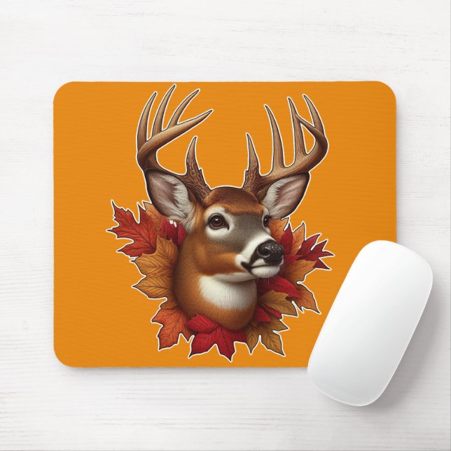 Tapis De Souris Buck Deer entouré de feuilles d'automne (Avec souris)
