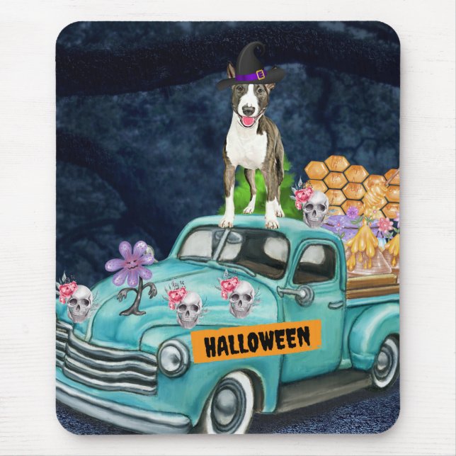 Tapis De Souris Bull Terrier Halloween Truck nuit de peur (Devant)