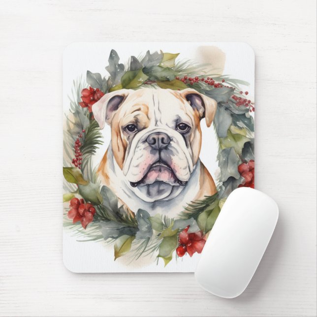 Tapis De Souris Bulldog Christmas Wreath Festive Pup (Avec souris)