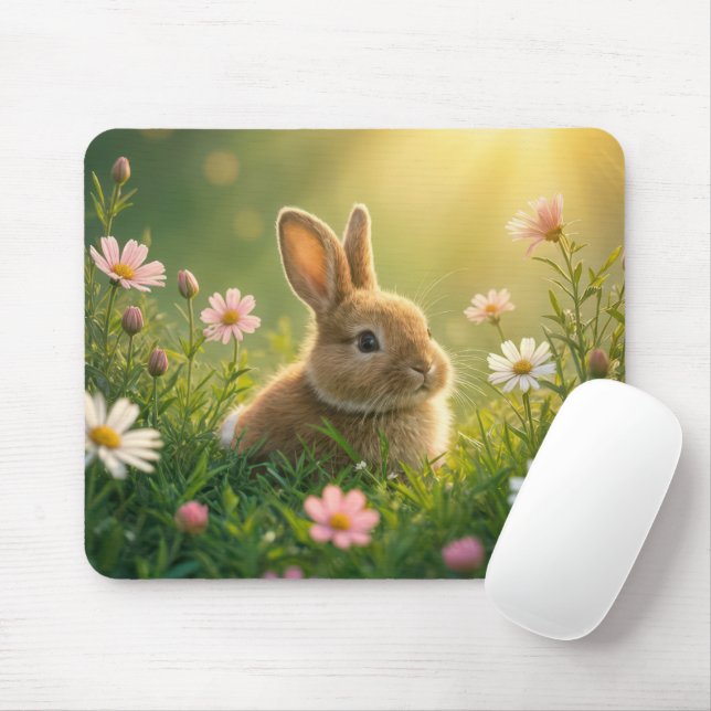 Tapis De Souris Bunny de printemps dans la prairie Fleur sauvage (Avec souris)