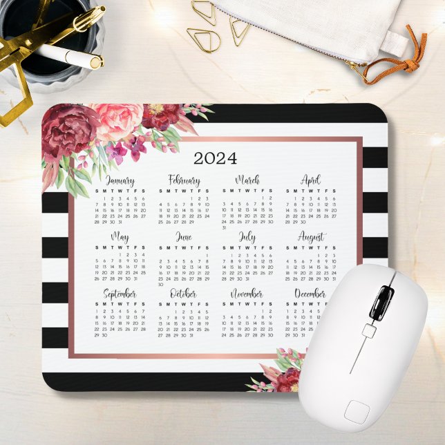 Tapis De Souris Burgundy Floral Black Stripes 2024 Calendrier (Créateur téléchargé)