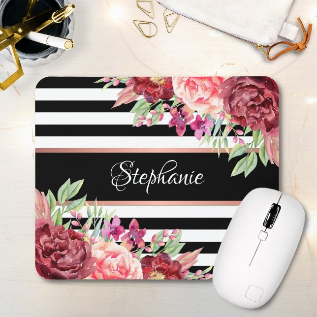 Tapis De Souris Burgundy Floral Black Stripes Nom du monogramme (Créateur téléchargé)
