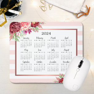 Tapis De Souris Burgundy Floral Blush Pink Stripes 2024 Calendrier