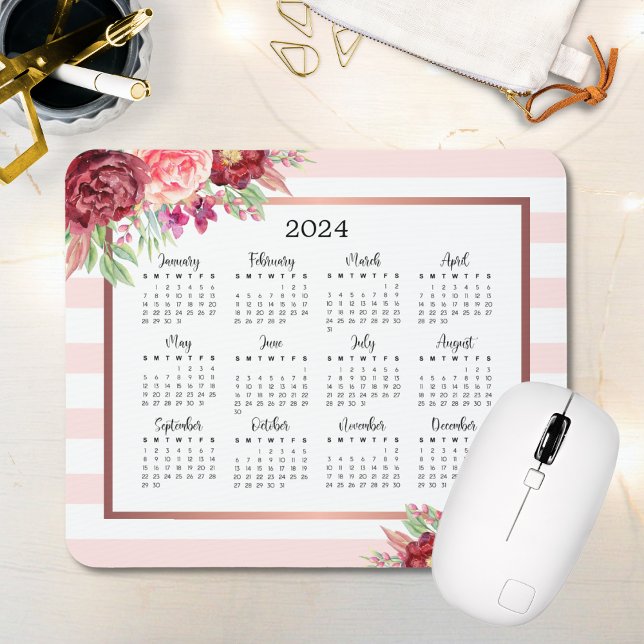 Tapis De Souris Burgundy Floral Blush Pink Stripes 2024 Calendrier (Créateur téléchargé)