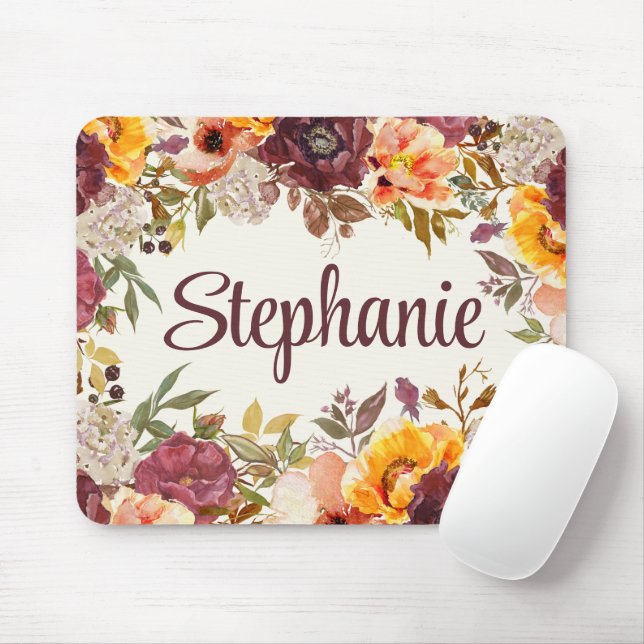 Tapis De Souris Burgundy Orange Aquarelle Automne Automne Floral N (Avec souris)