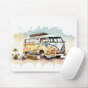 Tapis De Souris Bus Hippie Rétro Aquarelle Avec Fleurs
