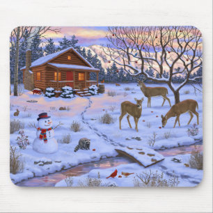 Tapis De Souris Cabane d'hiver cerf dans la neige scène de Noël