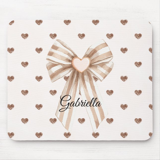 Tapis De Souris Cacao Crème Arc Rose Blush Paillettes Cœurs (Devant)