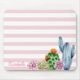 Tapis De Souris Cactus aquarelle adorable, rayures de succulente 
