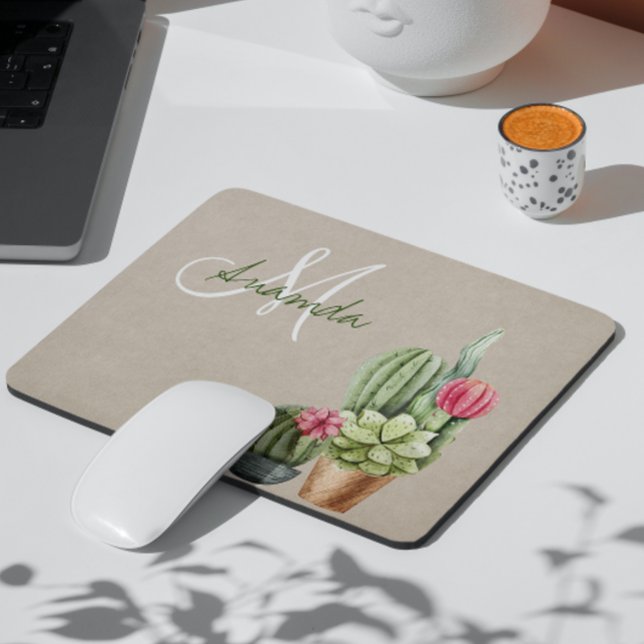 Tapis De Souris Cactus Cactus Succulent Monogramme du désert du su (Créateur téléchargé)