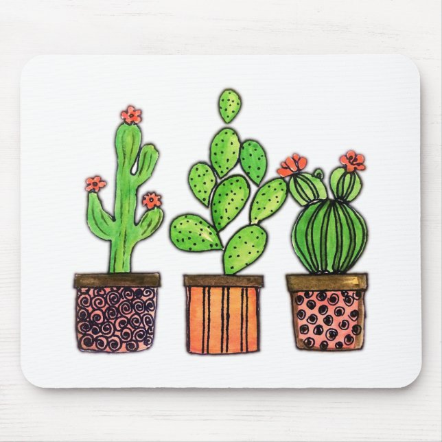 Tapis De Souris Cactus mignon d'aquarelle dans des pots (Devant)