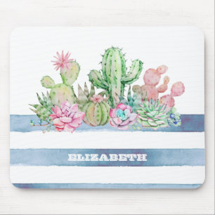 Tapis De Souris Cactus Succulent Fleurs Aquarelle Rayures