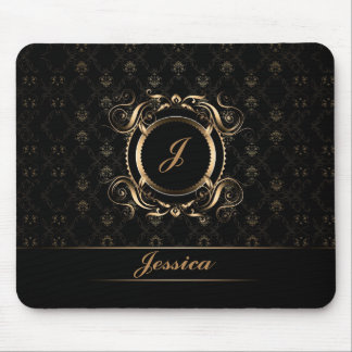 Tapis De Souris Cadre circulaire floral noir et or monogramme