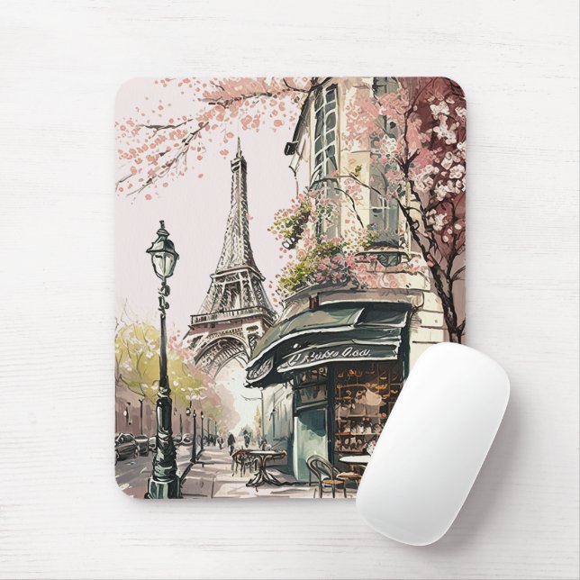 Tapis De Souris Café parisien Tour Eiffel Fleurs de cerisiers rose (Avec souris)