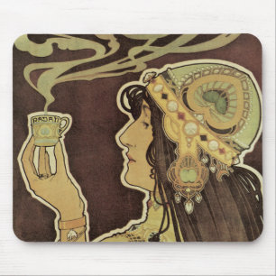 Tapis De Souris Café Rajah Art Nouveau vintage, femme avec du café