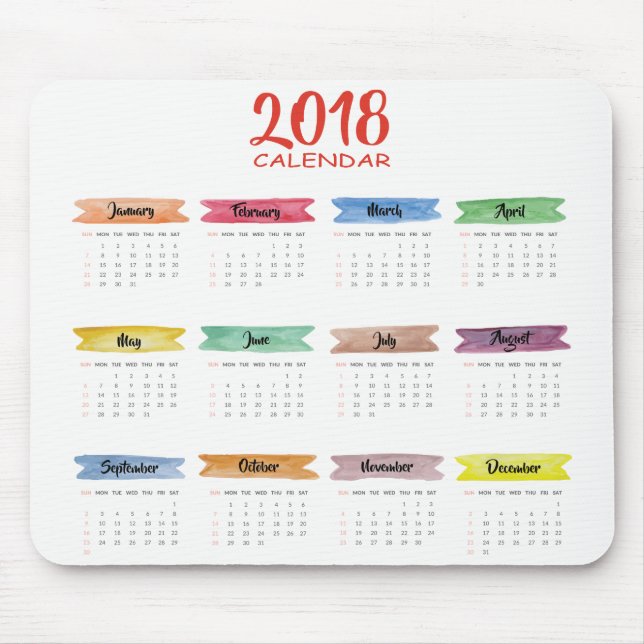 Tapis De Souris Calendrier 2018 d'aquarelle | Mousepad (Devant)