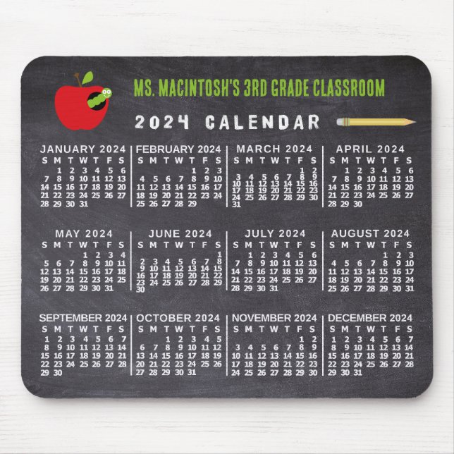 Tapis De Souris Calendrier 2024 Année Chalkboard School Nom de l'e (Devant)