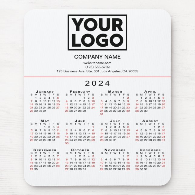 Tapis De Souris Calendrier 2024 Logo et texte d'entreprise en blan (Devant)