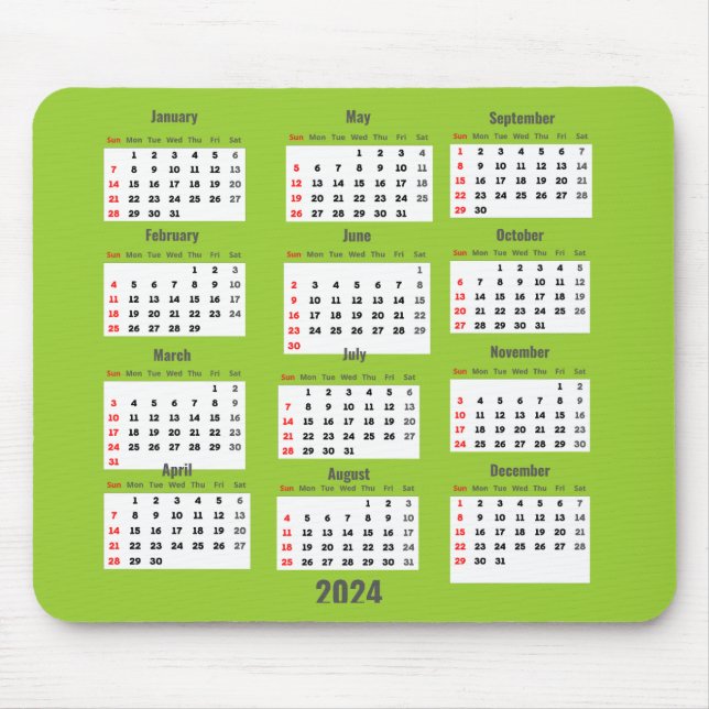 Tapis De Souris Calendrier 2024 Vert Jaune 52 Semaines (Devant)
