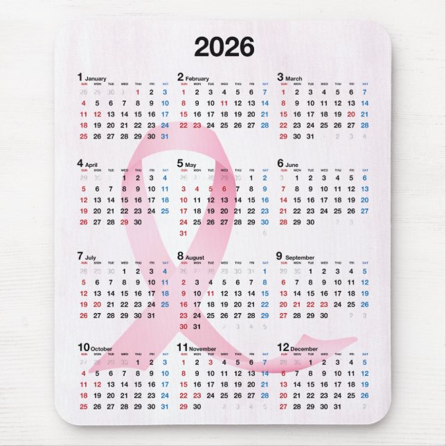 Tapis De Souris Calendrier 2025 Année Ruban rose (Devant)