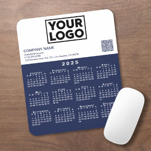 Tapis De Souris Calendrier 2025 Business Logo QR Code Marine Blanc