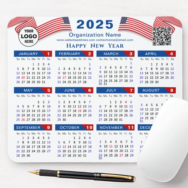Tapis De Souris Calendrier 2025 Business Logo US Patriotic Blue Re (Créateur téléchargé)