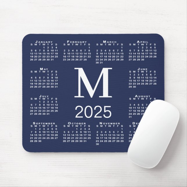 Tapis De Souris Calendrier 2025 Monogramme bleu et blanc de la Mar (Avec souris)