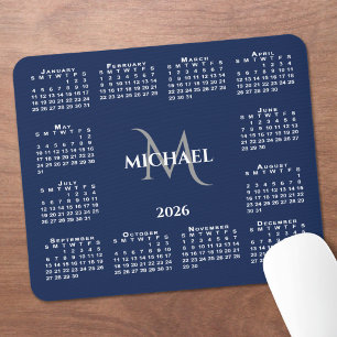 Tapis De Souris Calendrier 2026 Chic Monogramme Nom sur Bleu Nuit