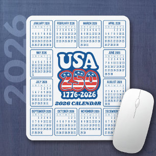 Tapis De Souris Calendrier 2026 - États-Unis 250 Rouge Blanc Bleu