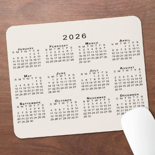 Tapis De Souris Calendrier 2026 Simple Beige et Noir