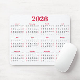 Tapis De Souris Calendrier 2026 simple rouge et blanc