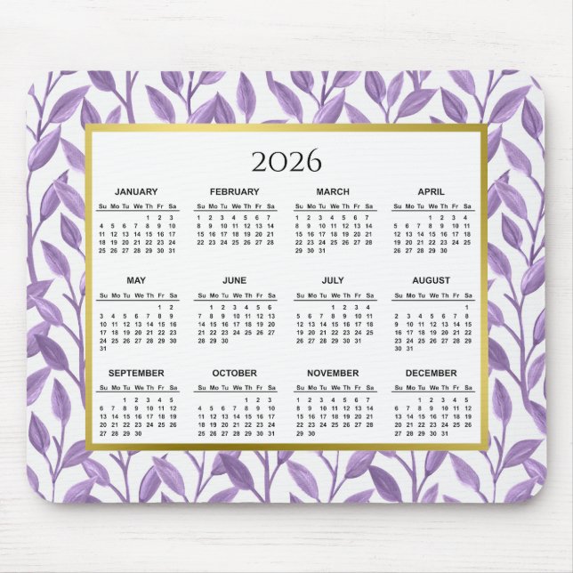 Tapis De Souris Calendrier 2026 Vignes Florales Purple & Or (Devant)