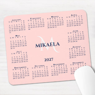 Tapis De Souris Calendrier 2027 Chic Monogramme Nom Rose Corail
