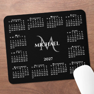 Tapis De Souris Calendrier 2027 Chic Monogramme Nom sur fond noir