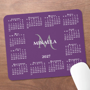 Tapis De Souris Calendrier 2027 Chic Monogramme Nom sur Violet