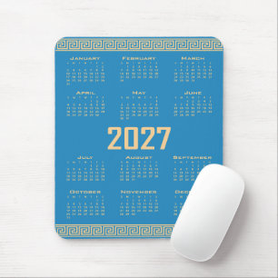 Tapis De Souris Calendrier 2027, Frette Grecque, Beige sur Bleu Co