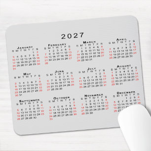 Tapis De Souris Calendrier 2027 Simple Gris Noir Rouge