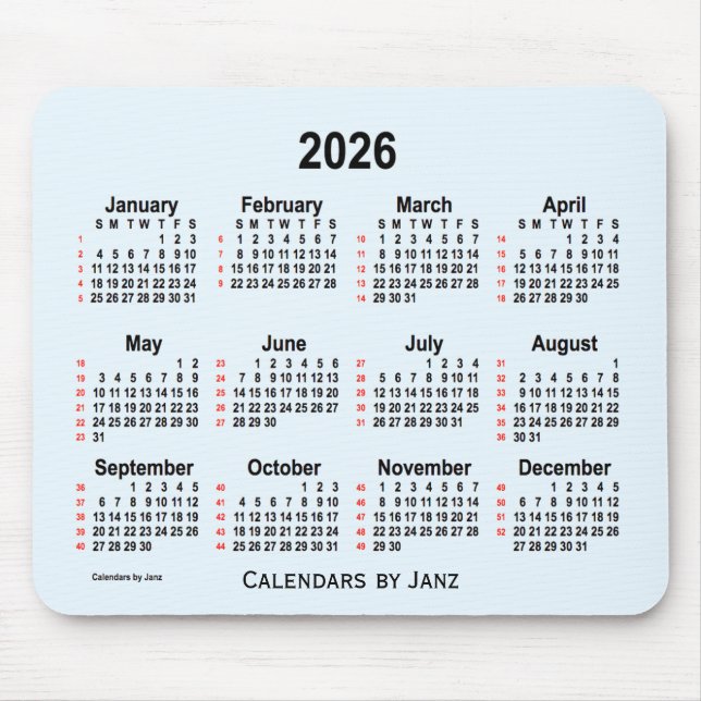 Tapis De Souris Calendrier Alice Blue 52 semaines 2026 par Janz (Devant)
