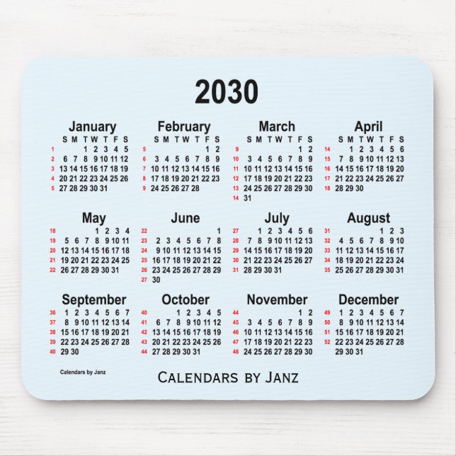 Tapis De Souris Calendrier Alice Blue 52 semaines 2030 par Janz (Devant)