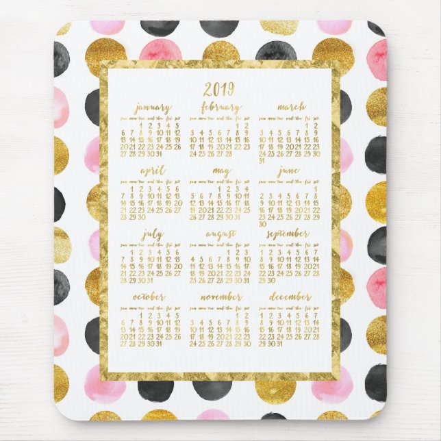 Tapis De Souris Calendrier Annuel 2019 Mousepads Points Rose Et Or (Devant)