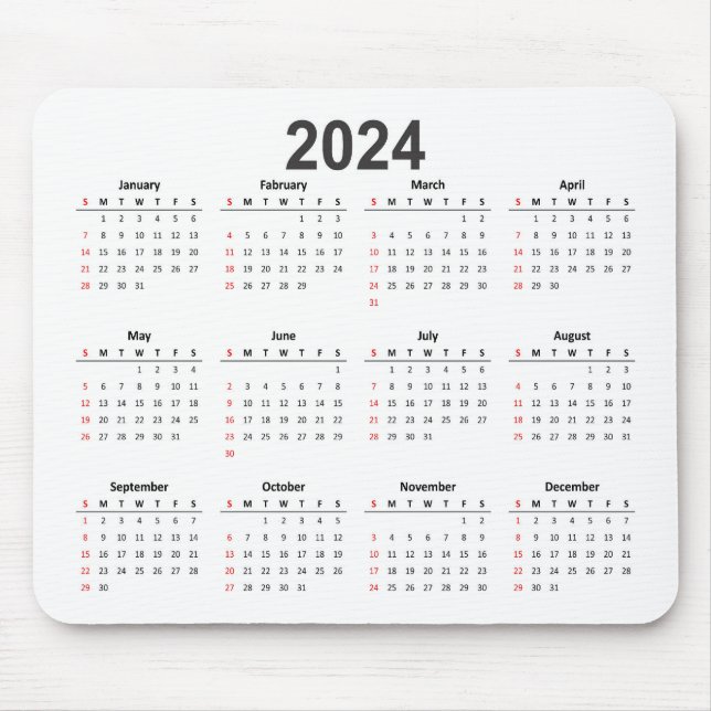 Tapis De Souris Calendrier Arrière - plan blanc simple 2024 (Devant)