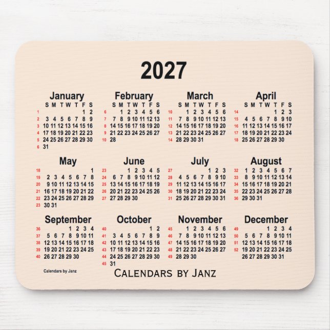 Tapis De Souris Calendrier blanc 52 semaines 2027 par Janz (Devant)
