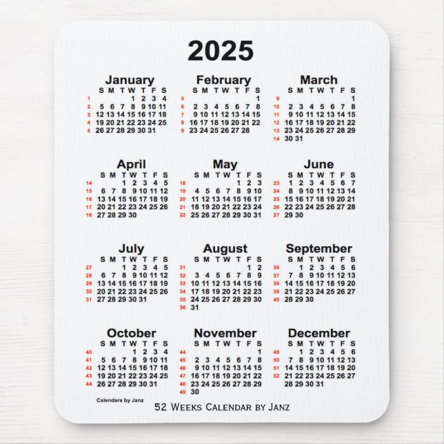 Tapis De Souris Calendrier blanc de 52 semaines 2025 par Janz (Devant)