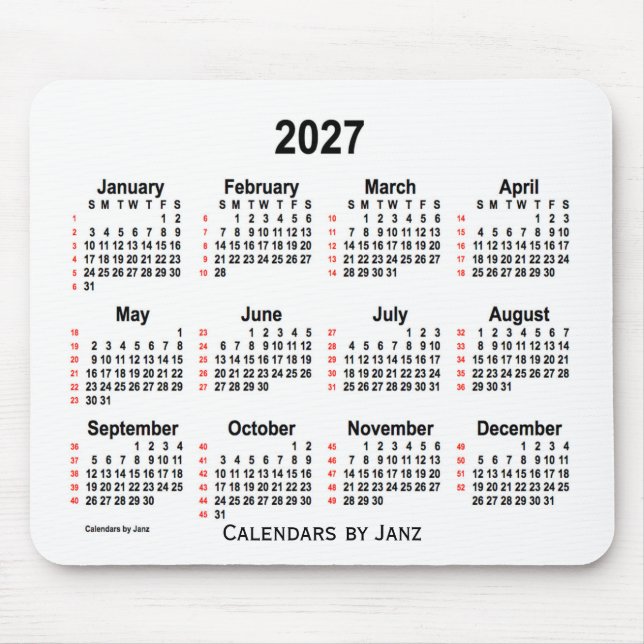 Tapis De Souris Calendrier blanc de 52 semaines 2027 par Janz (Devant)