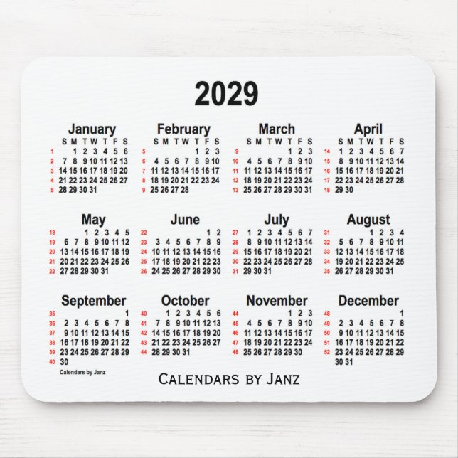 Tapis De Souris Calendrier blanc de 52 semaines 2029 par Janz (Devant)
