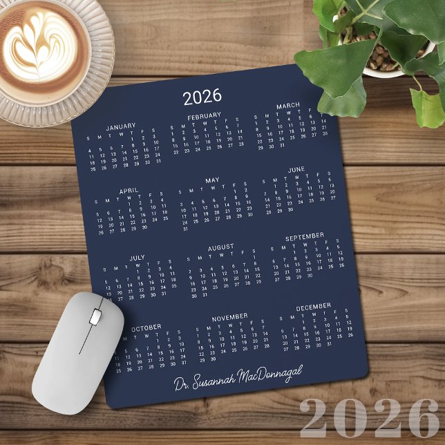 Tapis De Souris Calendrier bleu marine minimaliste personnalisé 20 (2026 Personalized Minimalist Navy Blue Calendar Mouse Pad)