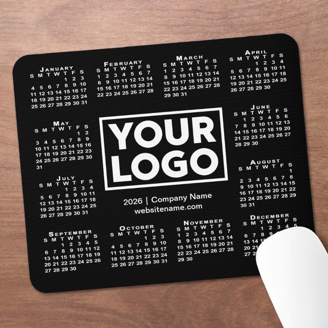 Tapis De Souris Calendrier d'affaires Logo Noir Moderne 2026 (Modern 2026 Calendar Business Logo Black Mouse Pad, in situ)