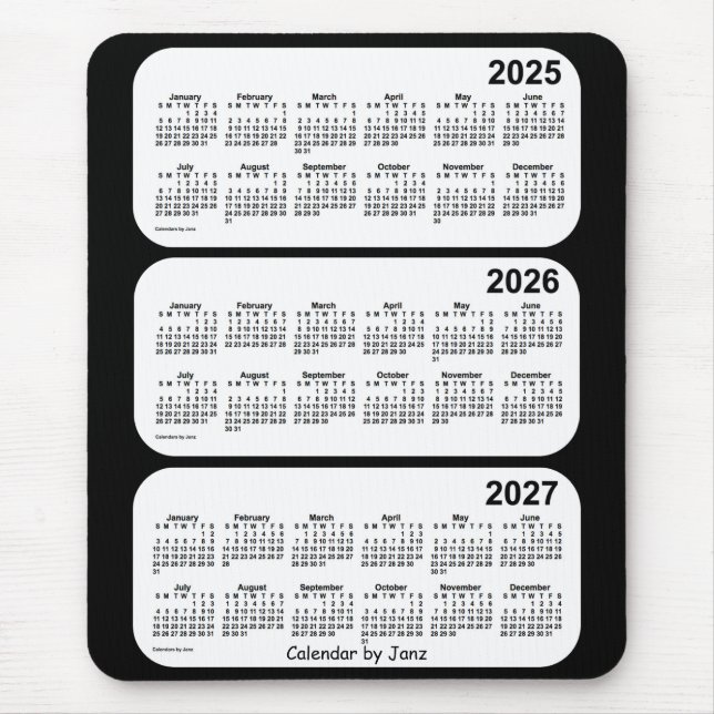 Tapis De Souris Calendrier de 3 ans noir et blanc 2025-2027 par Ja (Devant)