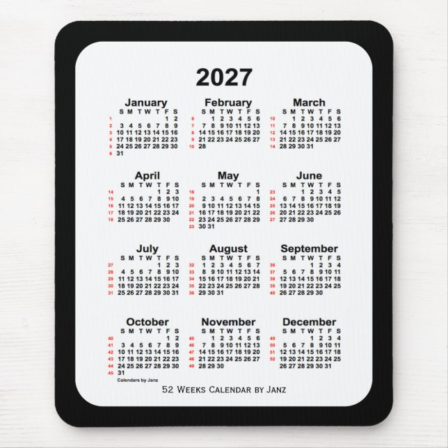 Tapis De Souris Calendrier de 52 semaines 2027 avec deux tons noir (Devant)
